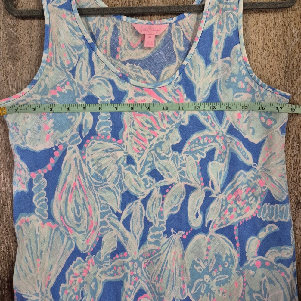 Lilly Pulitzer Blue Pink Sea Shell Starfish 100% Linen Sleeveless Shift Dress M - Picture 7 of 7